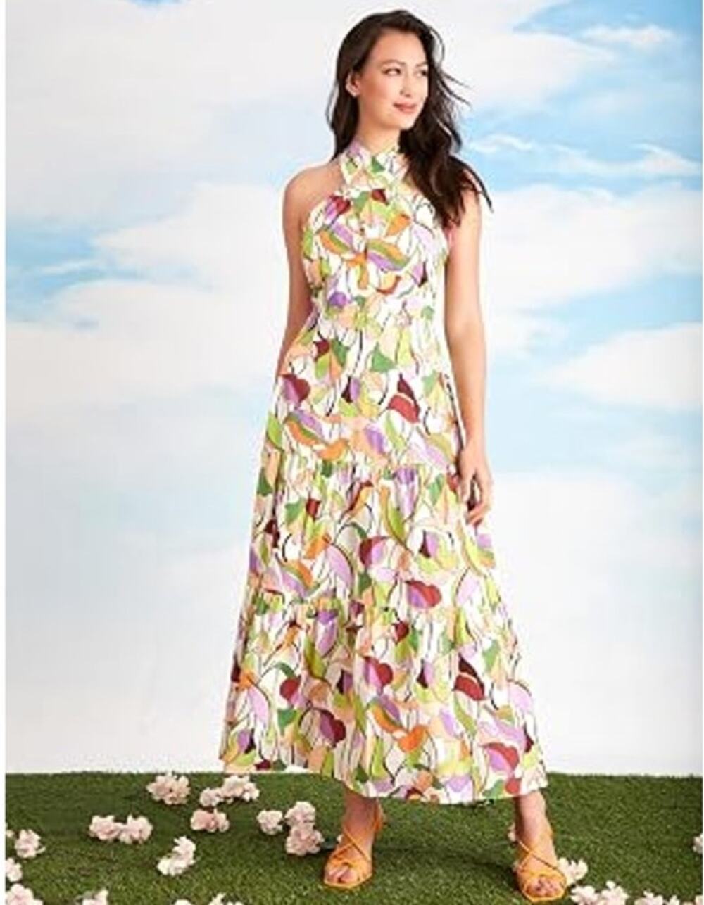 London Times Halter Neck Tiered Maxi - Abstract Leaf Print Multi Color 12 NWT